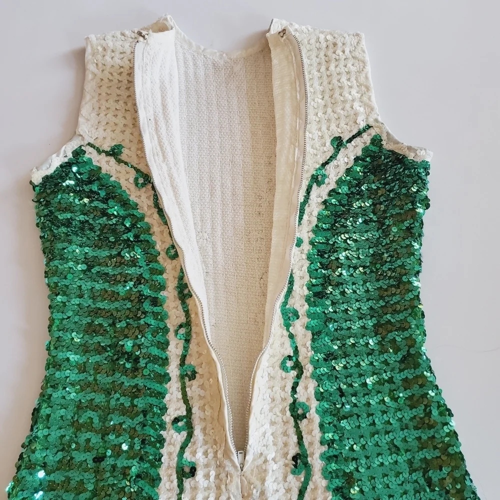 7310 * Algy Vintage Sequin Majorette Leotard Green White 1960s Size Unknown - Picture 6 of 11